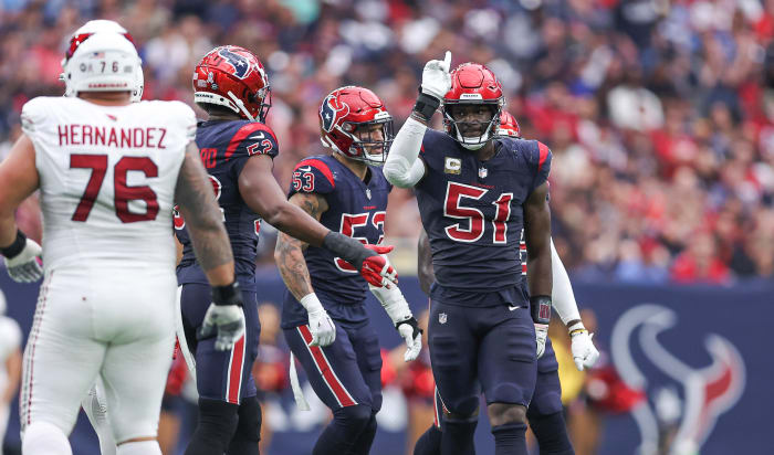 Texans defensive end Will Anderson Jr. reacts after making a tackle during the fourth quarter against the Arizona Cardinals at NRG Stadium.